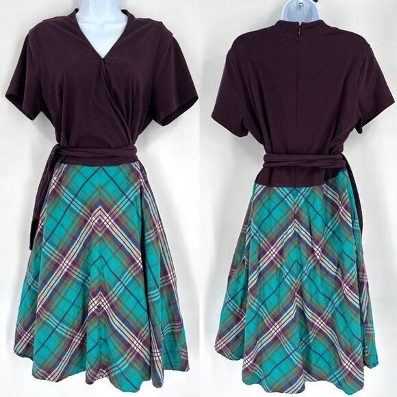 Eshakti Woven Check Mixed Media Midi Dress Faux Wrap Plaid Purple & Blue Size L - Picture 1 of 10